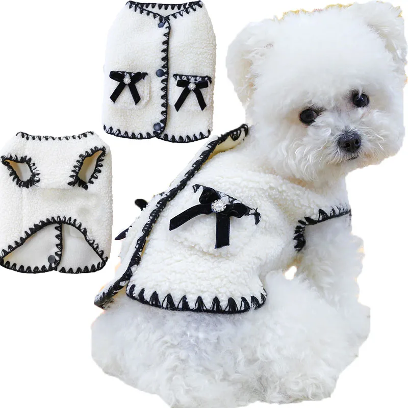 

White Fleece Pet Clothes Winter Sleeveless Dog Jacket Bowtie Pocket Girls Small Medium Dog Coat Vest Costume Chihuahua Yorkie XS