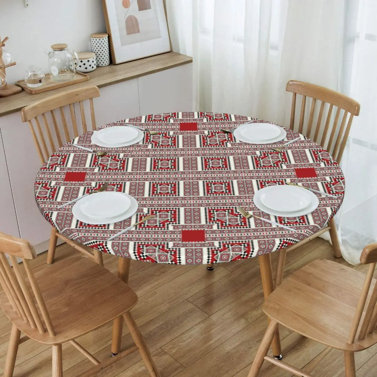 Embroidery Romanian Towel Model Corners Tablecloth Round Fitted Ukraine Boho Bohemian Geometric Table Cover Cloth for Banquet