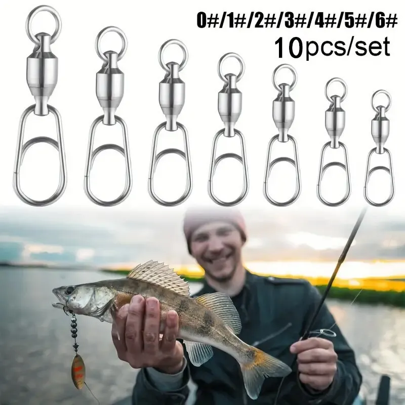 10pcs Bearing Swivel With Quick Snap Fast Clip Stainless Steel Clips Fishing Connector Fishing Accessories