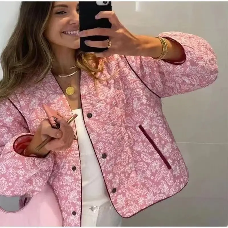 2024 Autumn/Winter New Ins Retro Jacket Pink Print Bohemian Style V-Neck Loose Casual Versatile Quilted Cotton Jacket