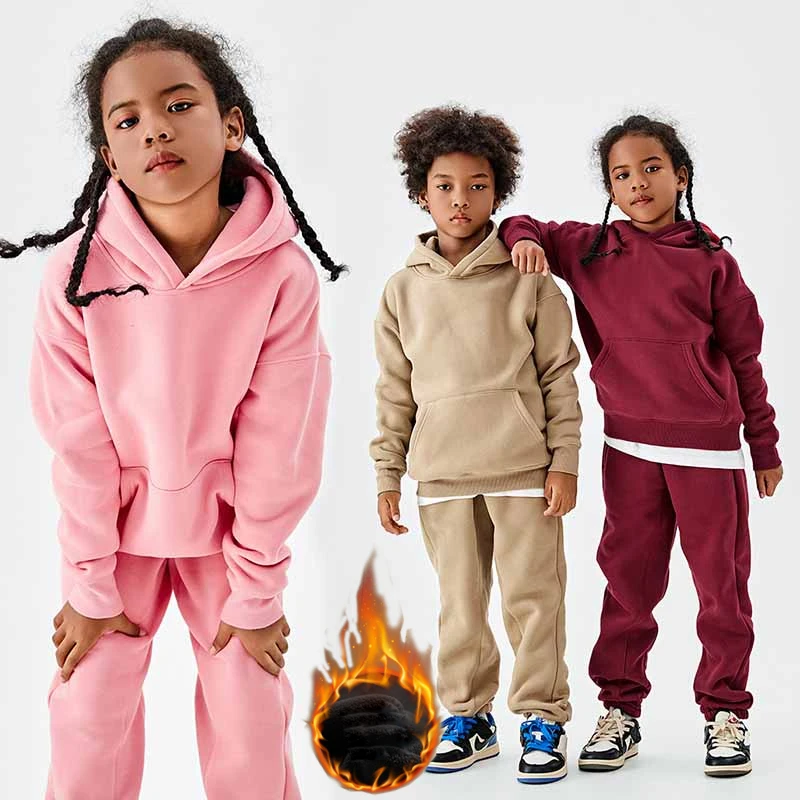 Teen Girls Boys Clothes Set Children Tracksuit Winter Fleece Thick Warm Hoodies Sweatpants Two-piece School Group Kids Costume