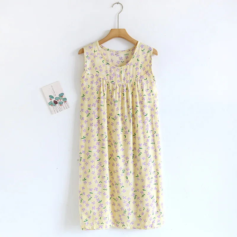 Summer Vest Nightdress Thin Smooth Sleeveless Sleepwear Cool Nightgowns Flower Printing Night Dress Women Nightie Outside Wear