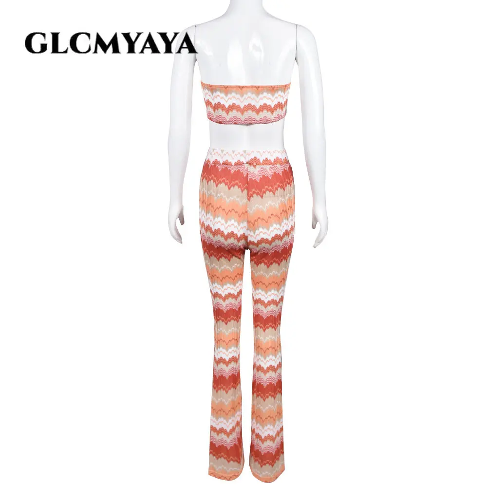 GLCMYAYA fala dzianina w paski zestaw damski Top bez ramiączek i flary garnitur 2023 Sexy Summer Beach dwa 2 sztuka zestaw strój dres