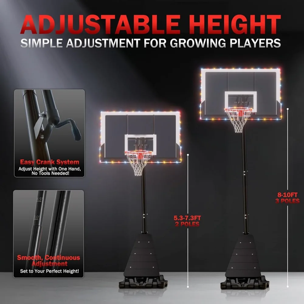 Verstelbaar 10FT basketbalsysteem voor buiten met LED-licht, duurzaam bord, draagbaar doel voor alle weersomstandigheden