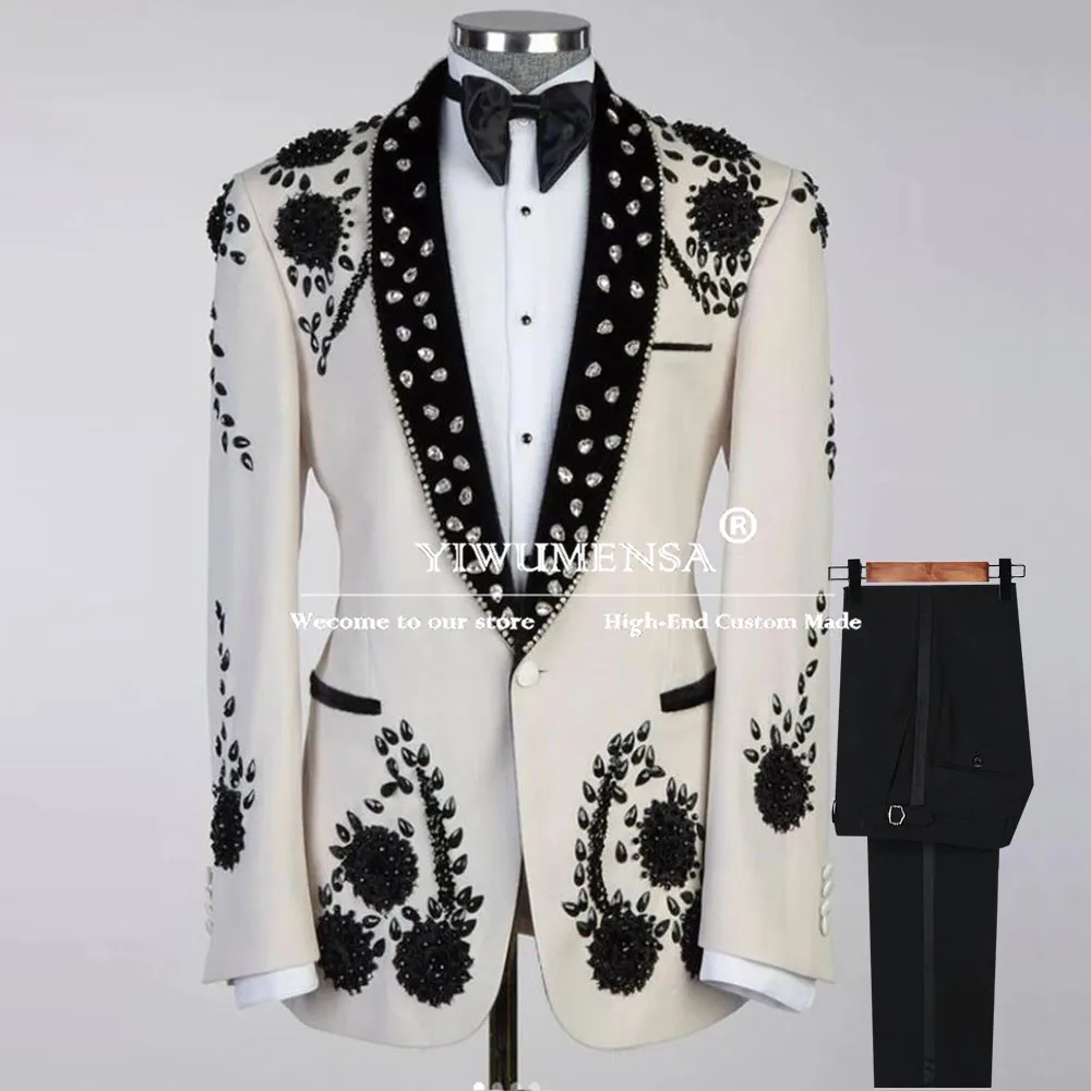 Tailor-made Men's Suits Black Shawl Lapel Prom Blazer Crystals Beads Jacket Pants 2 Pieces Groom Wedding Tuxedos traje de hombre