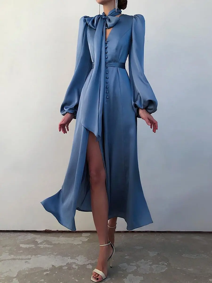 Women's Satin Long Dr with Slit And Lantern Sves High Waist A-Line Skirt V-Ne Single Button Closure Commute Sle