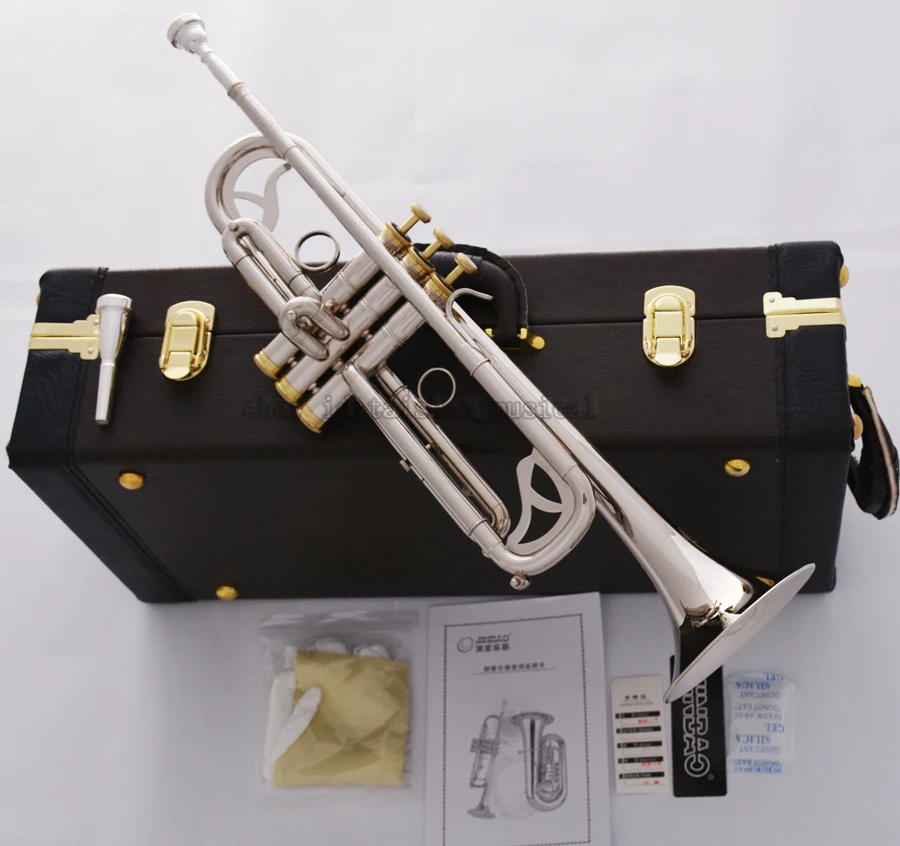 High quality Professional JINBAO Silver nickel Bb Trumpet Horn Monel Free 2Mouth Leather Case