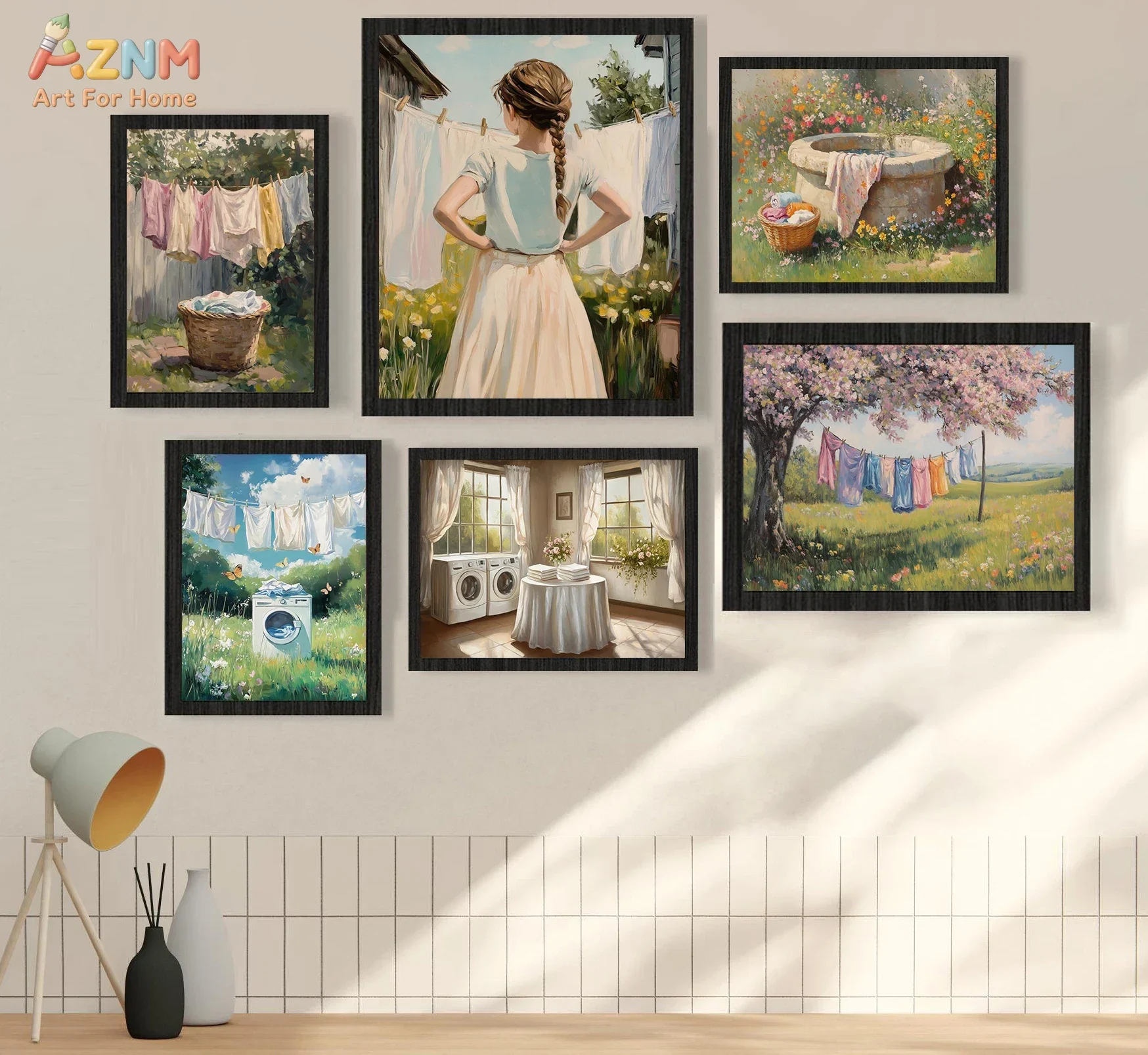 AZNM Vintage Laundry Day Canvas Wall Art, Countryside Garden Hanging Clothes Floral Basket Rustic Oil Painting Illustration Prin