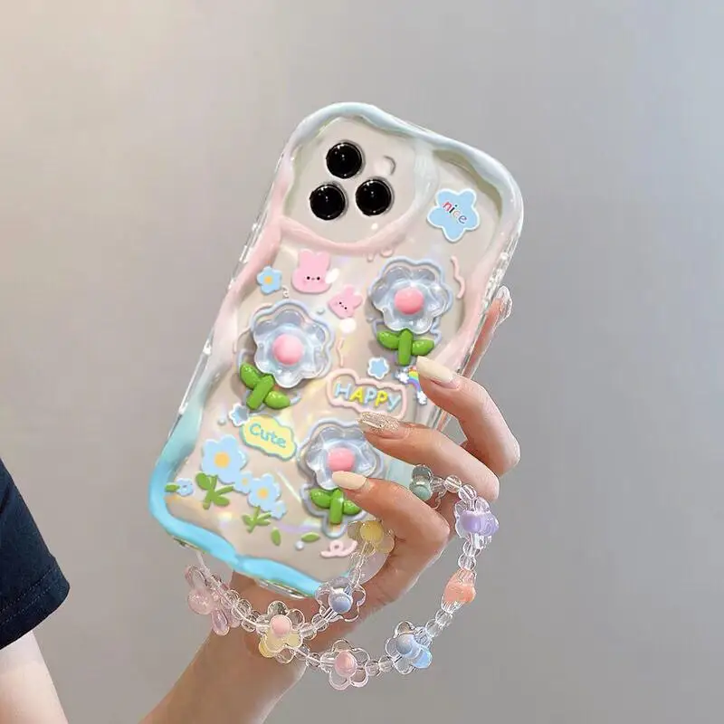 3D Rabbit Flower Hang Wrist Chain Strap Phone Case for IPhone 16 15 12 11 Pro Max 14 Plus 13 Mini X XS XR 7 8 Plus SE Cover