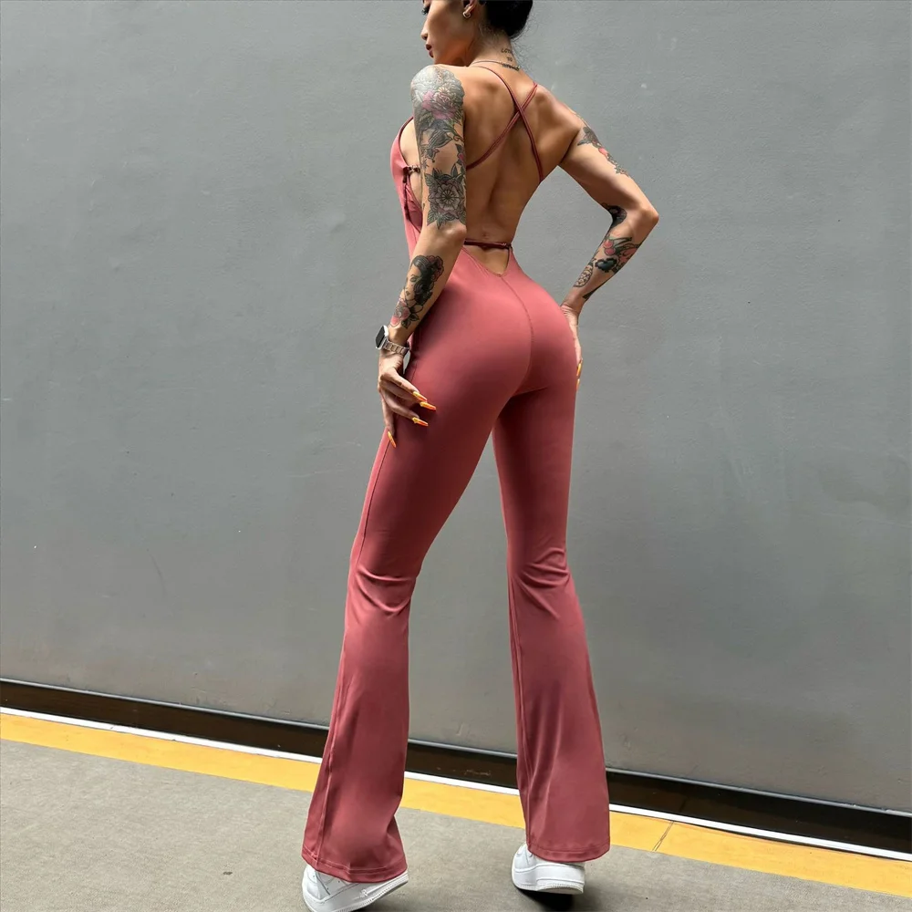 2024 Pad Adjustale Back Belt Bodycon Jumpsuit Women Sports Pant Fitness Flare Legging Outfit Gym Suits Bodysuit Female Yoga Sets