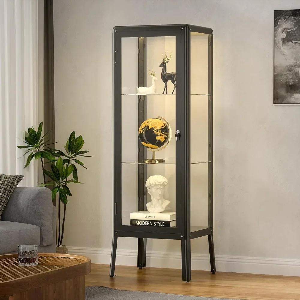 Vitrine en Verre avec 3 Étagères Réglables avec Serrure et Porte, Étanche à la Poussière, Lumières LED, 59.1x19.7x15.8