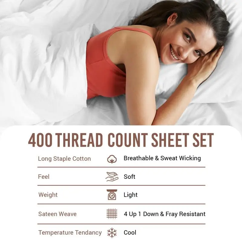 100% Cotton Sheets King Size, Luxurious 400 Thread Count Long Staple Cotton Sateen Sheets King with 15" Deep Pocket