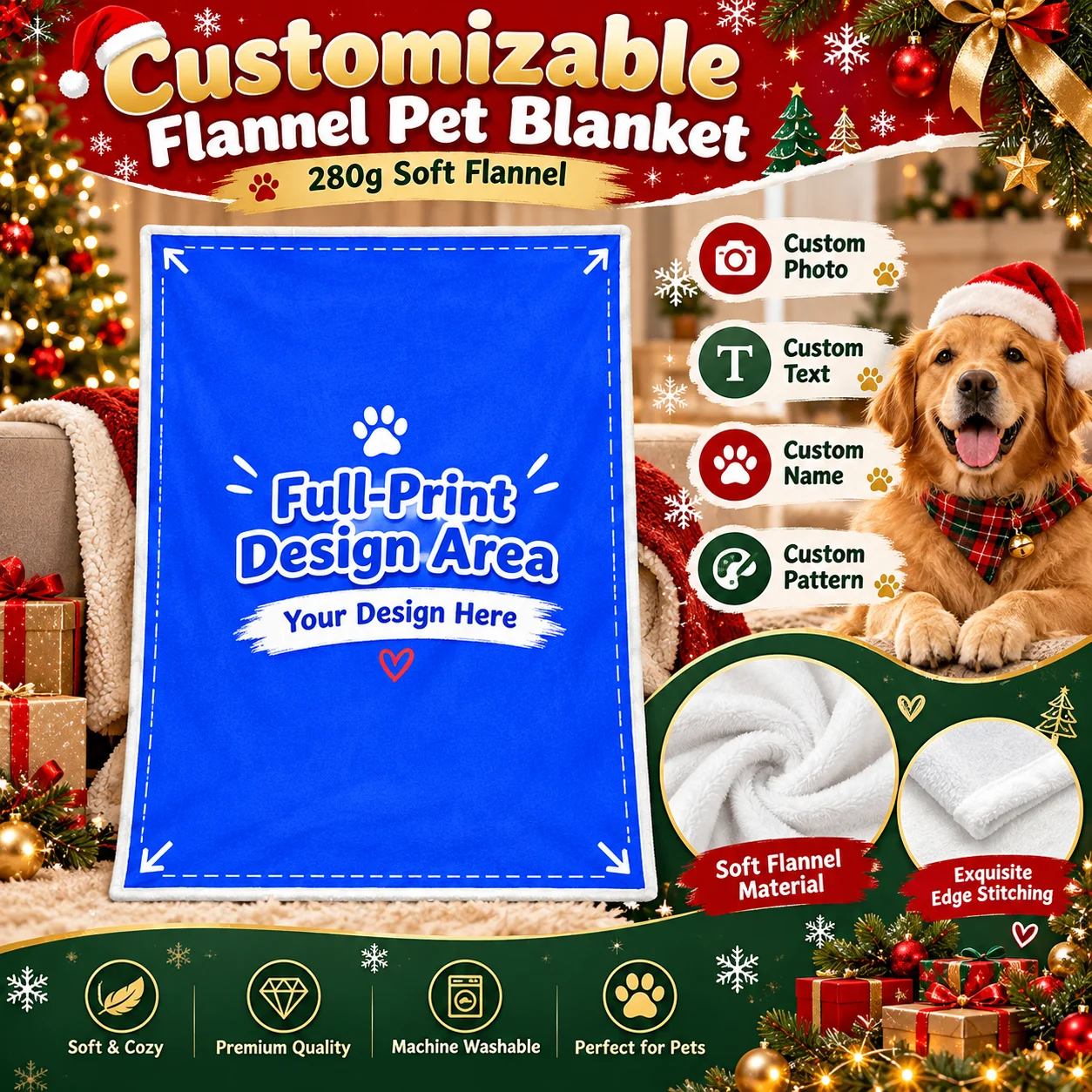 Custom 280g Christmas Flannel Pet Blanket Personalized Photo Name Soft Warm Dogs Cats Throw Holiday Gift Sofa Bed Mat Home Decor