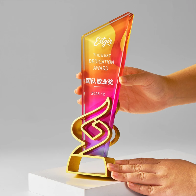 Customized Crystal Trophy, Pentagram Metal Gold, Silver, Copper, Excellent Company Annual Meeting Souvenirs, Color Printing, 1Pc