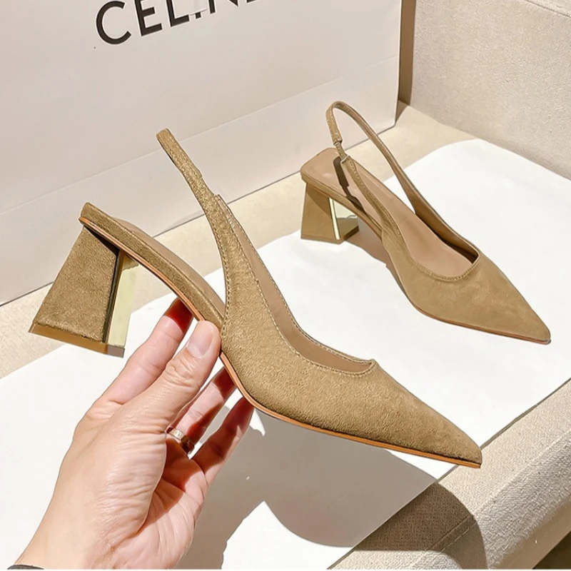 2025 Summer Women Sexy Pointed Toe Chunky Heel High Heel Sandals New Brand Designer Elegant Slip on Party Dress Women Sandals