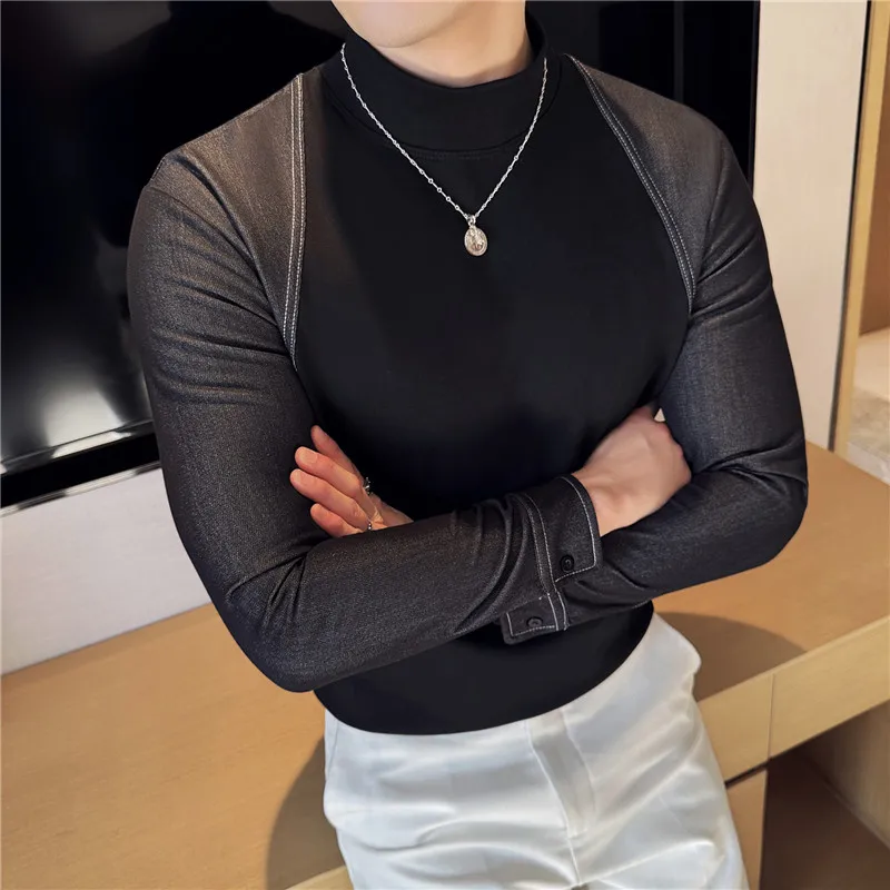 

Men's T Shirts Half High Collar Denim Cloth Spliced Long Sleeve T-Shirts For Men All Match Slim Fit Casual Elastic Tops&Tees 4XL