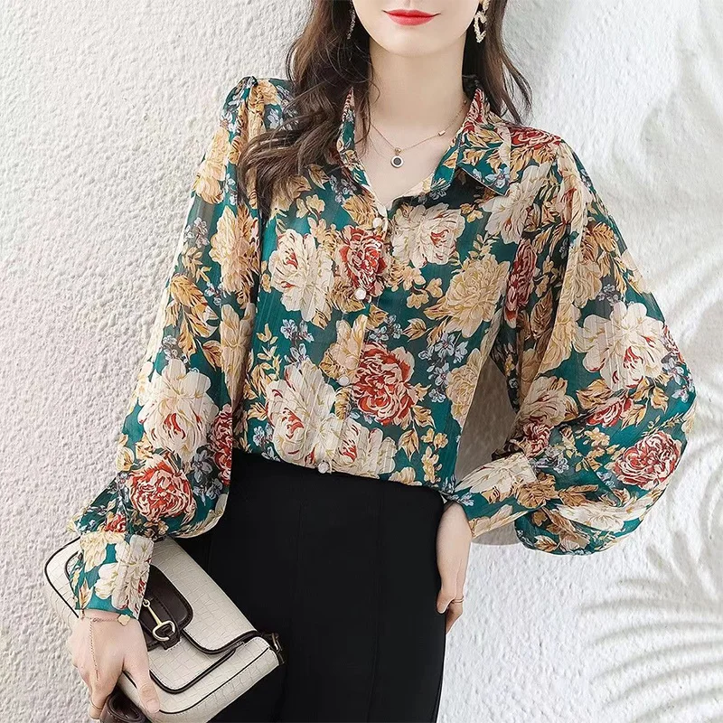 Lantern Long Sleeved Lapel Chiffon Shirt for Women 2023 Spring Autumn New Vintage Floral Print Button Loose Open Stitch Blouse