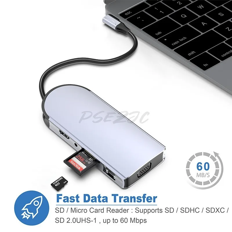 10-in-1 Type-C Hub: USB 3.0, 100Mbps RJ45 Docking Station