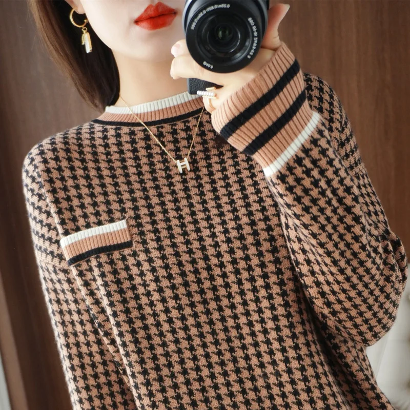 2022 Autumn Winter Golden Camel Thousand bird pattern Cashmere Sweater Women\'s Casual Long-sleeved Loose Cashmere Sweater women