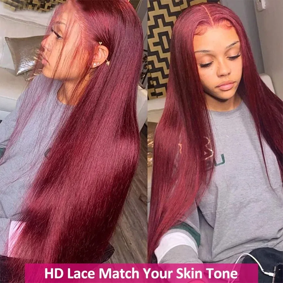 

Red Burgundy 99J Transparent 4x4 Lace Front Human Hair Wig Burgundy Straight Wig 13x4 HD Lace Frontal Wig For Women Colored Wig