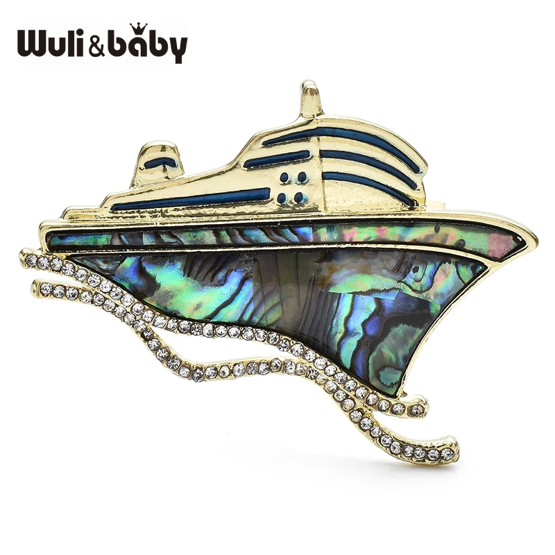 Wuli&baby Abalone Shell Cruise Ship Crystal Boat Brooch Pins Women Fashion Jewelry Accessory Gift