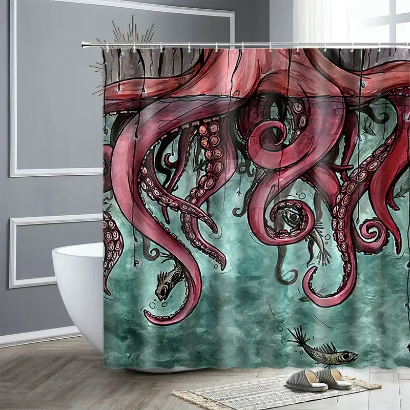 Funny Sea Turtle Octopus Shower Curtain Creative Retro Map Seahorse Starfish Ocean Animal Bath Curtains Cloth Bathroom Decor Set