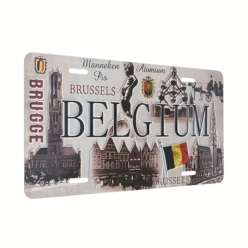 Vintage Brussels Belgium Aluminum License Plate Wall Decor -   Retro Cityscape & Flag Design, Corrosion-Resistant Metal Art for