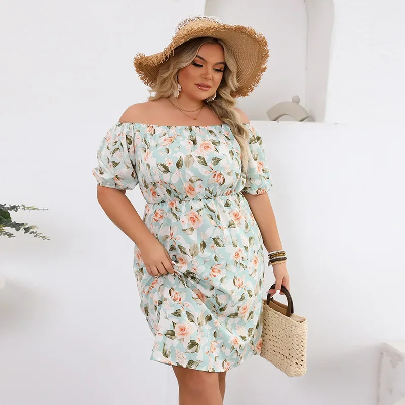 Damskie 1XL-4XL Plus Size Delikatny nadruk z odkrytymi ramionami w talii, krótka spódniczka na jedno ramię, ekspozytory elegancki temperament