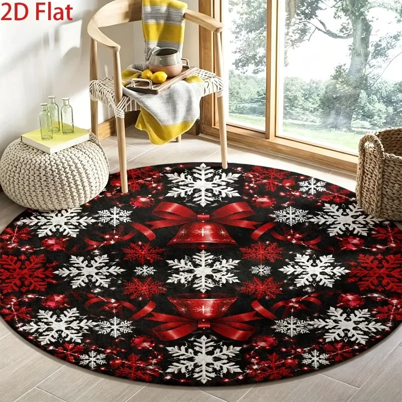 Circular Floor Mat 2D Flat Christmas Bell Ribbon Bow Carpet Flannel Soft Warm Winter Snowflake Sofa Bedside Placement