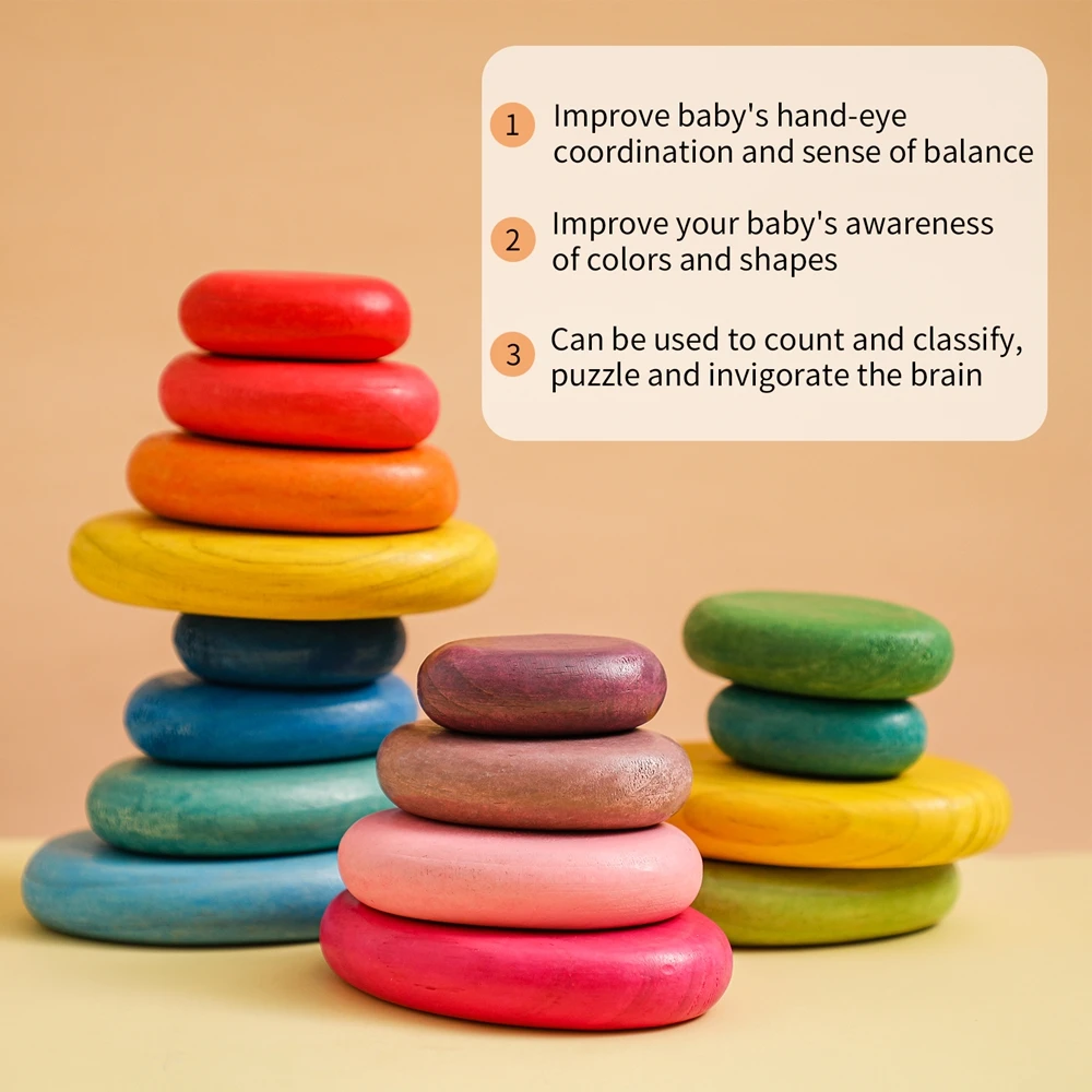 Wooden Montessori Toy Rainbow Stacked Stone Toy BO BPA Colorful Baby Education Sensory Balance Game Building Block Toy Baby Gift