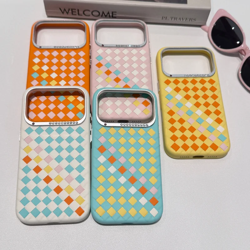 

Handmade Woven Pattern Phone Case For iPhone 17 Pro Max 17 Pro Shockproof Soft Cover Colorful Checkerboard Protective Case