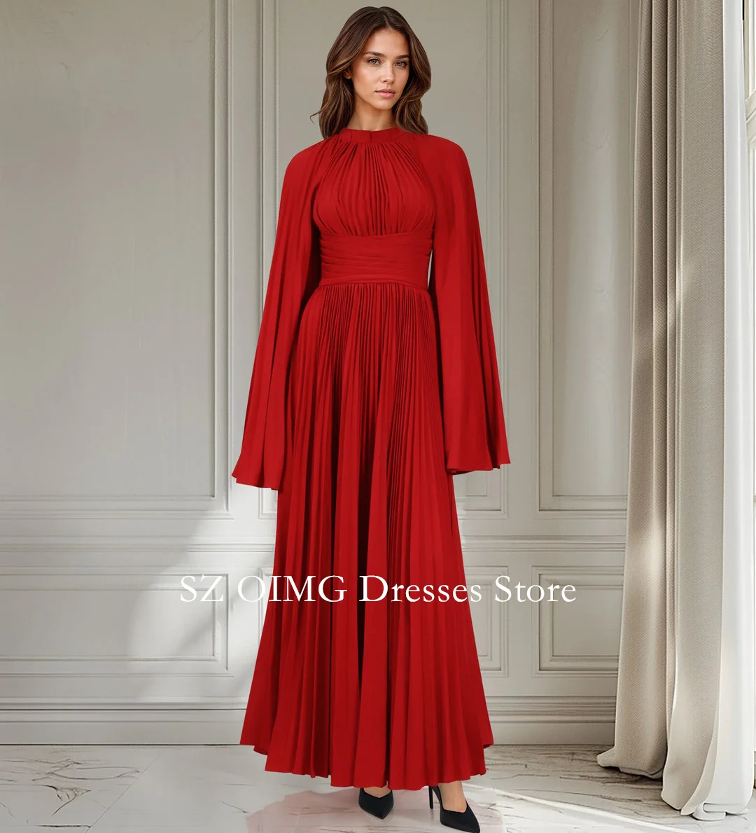 OIMG New Design High Neck Red Prom Dresses Full Sleeves Saudi Arabic Crepe Satin Pleated Women Evening Gowns Formal Party Dress