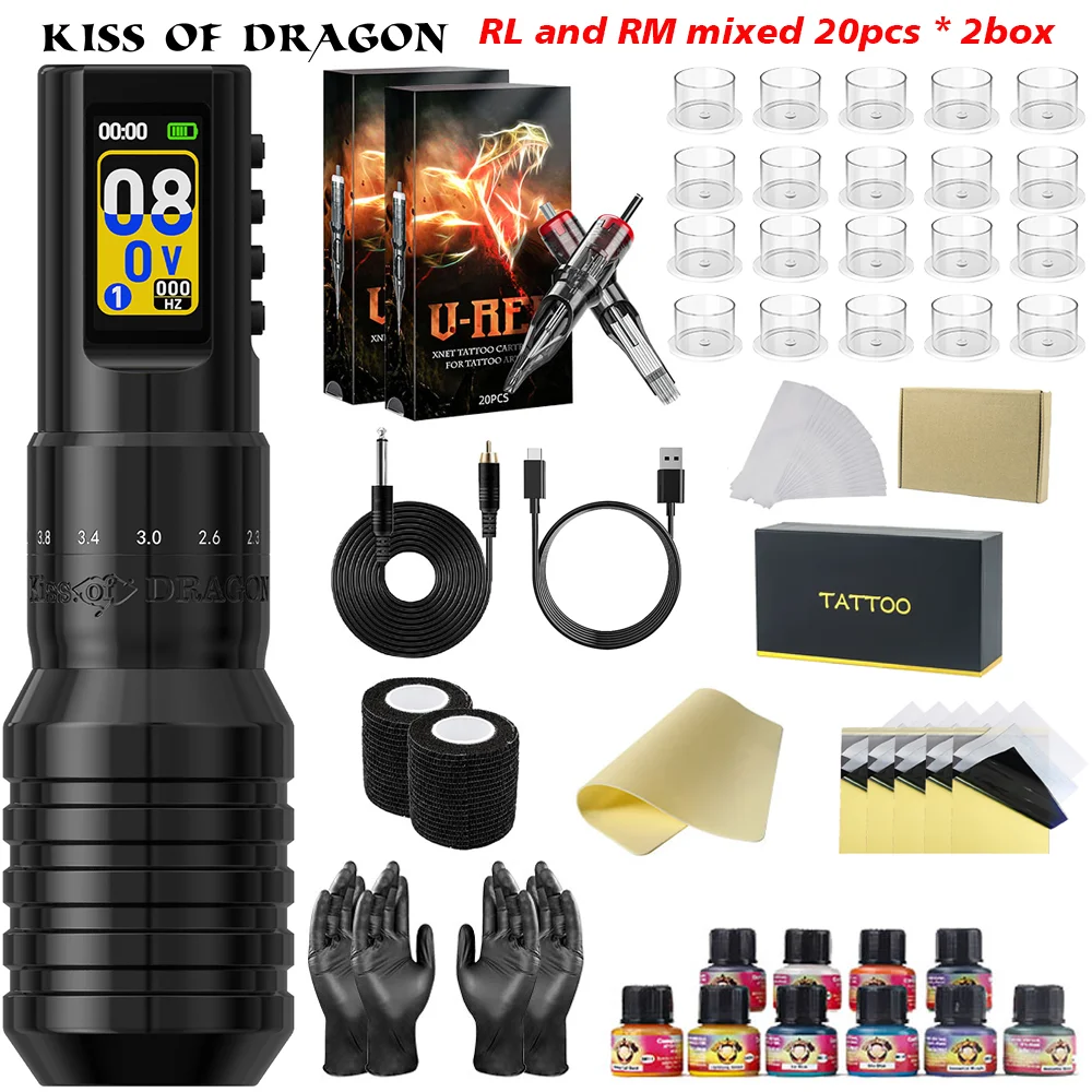 Tattoo Kit  Wireless Tattoo Machine Pen Full Completed Kit Adjustable Stroke Custom Motor Makeup Pen 40pcs Cartridges