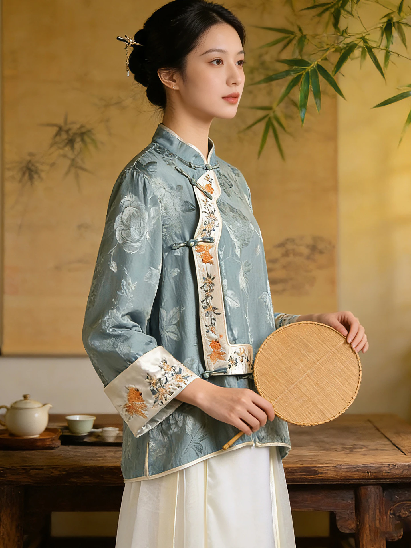 

New Chinese Sle Embroidered Linen Silk Long Sve irt Women's Spring Season Stand Collar Side Buttoned Traditional Tea C...