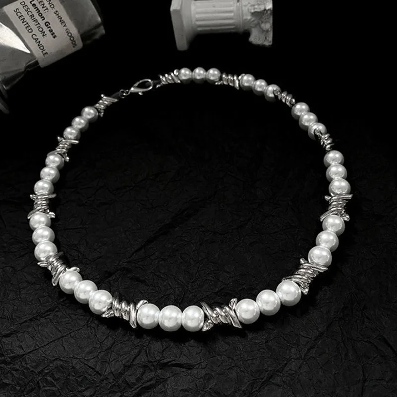 Thorns Imitation Pearl Necklace Men and Women Tide Brand Ins Hip Hop Personality Rap Necklace