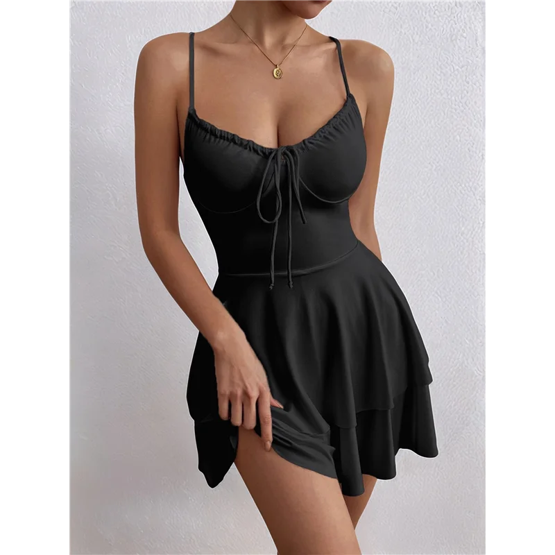 ASDS – Minivestido feminino com alça espaguete, amarração nas costas, em camadas, plissado, ajuste e queimado, linha A, lindo vestido de festa curto