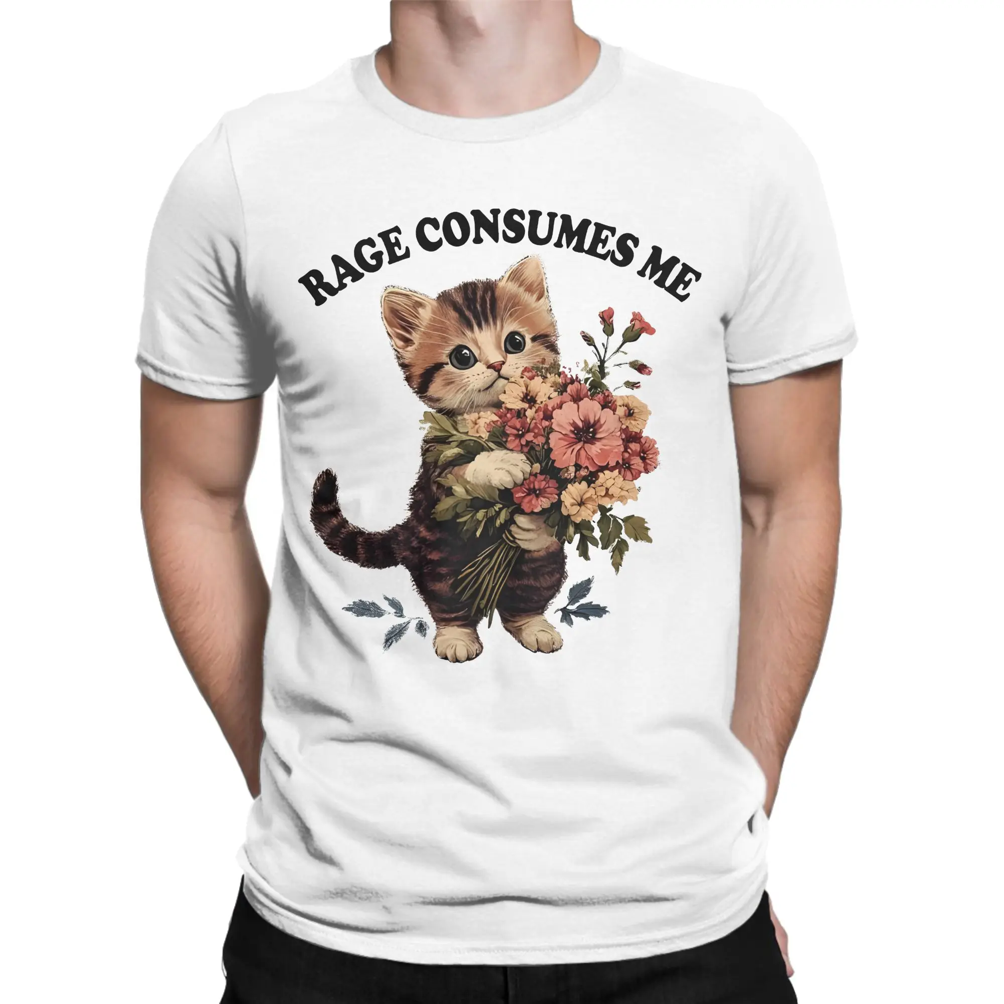 Rage Consumes Me Cat Flower Cute Kitty T Shirt Men 100% Cotton T-Shirts Crewneck  Tee Shirt Short Sleeve Clothes Original