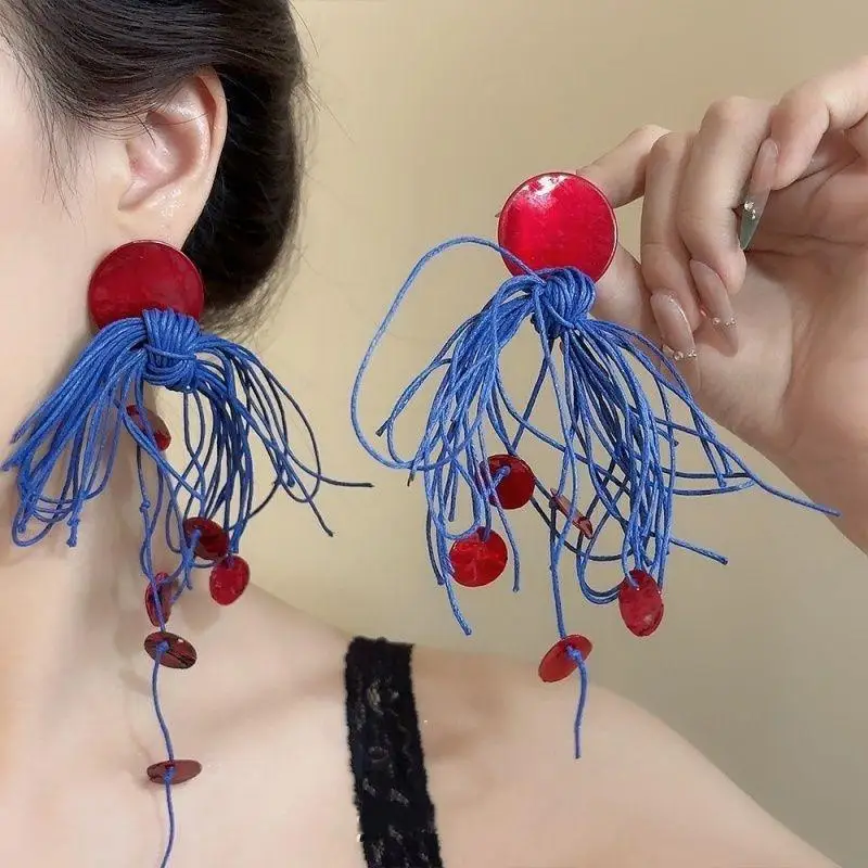 

Exaggerated Red Blue Color Block Long Earrings Vacation Style High End Retro Bridal Ear Accessories Women Personality Jewelry