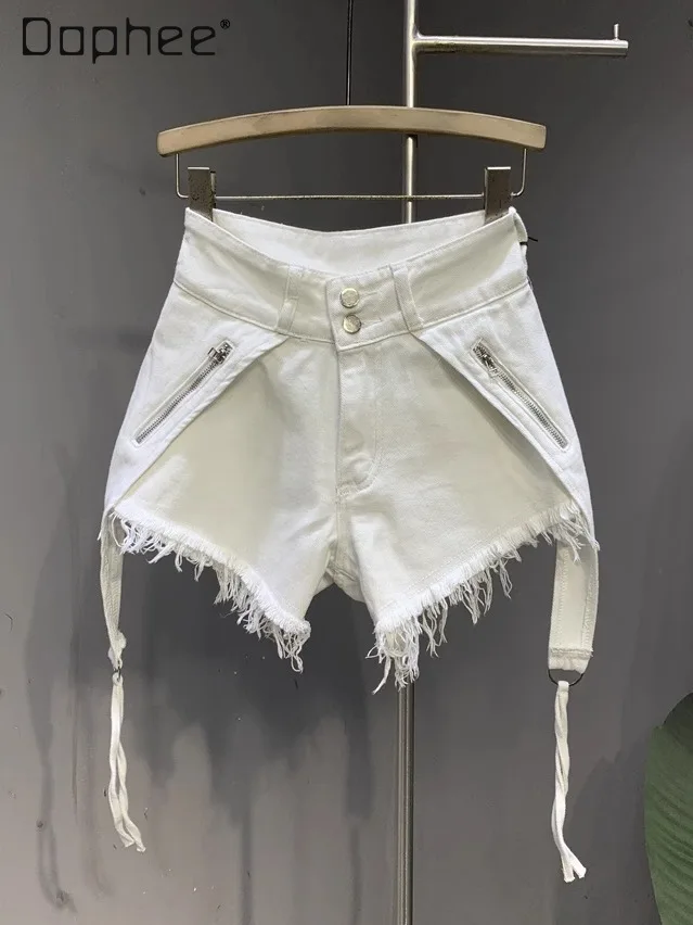 

Korean Ins Spice Girl Fashion High Waist Slim Casual Shorts Women Summer Street Trend Rough Edge Tassel Ribbon Wide Leg Pants
