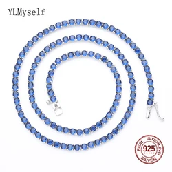 16-24 Inch (41-60cm) Real 925 Sterling Silver Tennis Chain Necklace 3mm Montana Blue Sapphire Zircon Fine Jewelry Choker