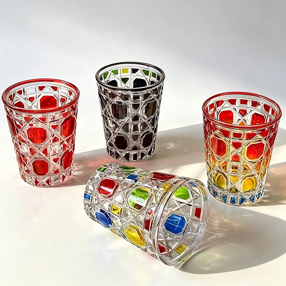 Ins Inspired Lattice Pattern Glass Tumbler, European Whiskey Glasses, Hand Engraved Glass Beer Mug, Versatile Glass Cup, 2Pcs
