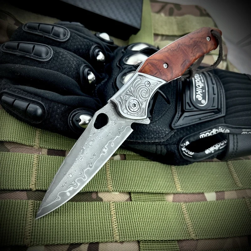 

Fixed Blade Straight Knife Rosewood Handle Damascus Blade Outdoor Camping Adventure Combat Sharp Defensive Cutting Utility Knife