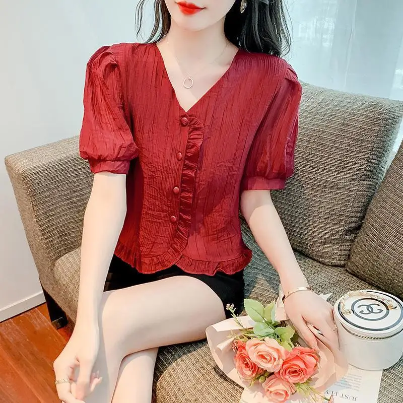 Elegant V-Neck Solid Color Spliced Ruffles Puff Sleeve Shirt Women\'s Clothing 2023 Spring New Casual Tops All-match Sweet Blouse