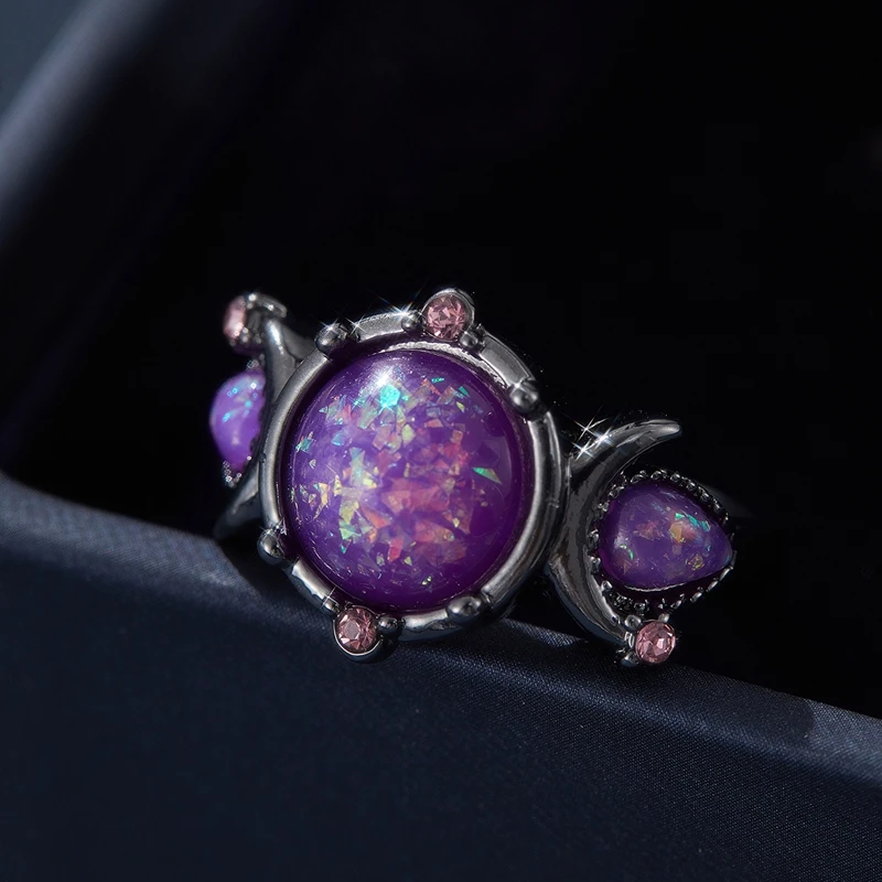 Fashion Female Round Purple Imitation Fire Opal Black Rings for Women Bridal Accessories High Quality Vintage Jewelry Gift
