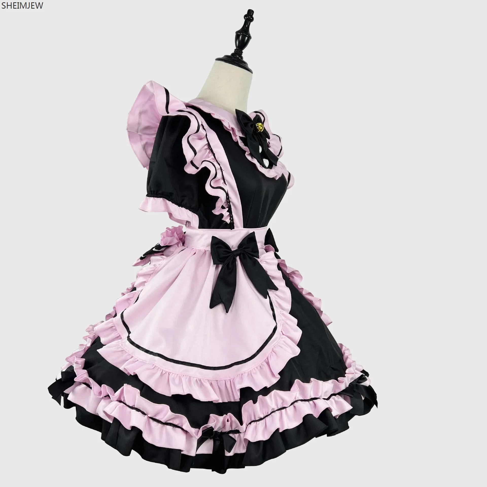 French Cute Black Pink Lolita Dress Kawaii Maid Costume Cosplay Sweet Girl Cat Bow Temptation Uniform Birthday Party Stage Dress