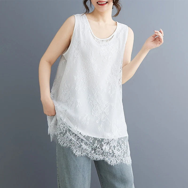 Damska kamizelka na ramiączkach z koronką, średniej długości, jednolita, w stylu koreańskim, letnia, nowa moda, duży rozmiar, prosty krój, poliester, bawełna...