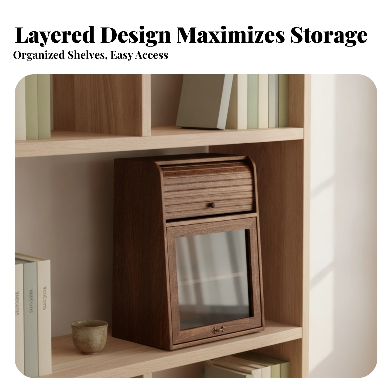 Round Knob Chinese Tea Storage Cabinet Roll-up Shutter Door Open Shelf Tea Storage Cabinet