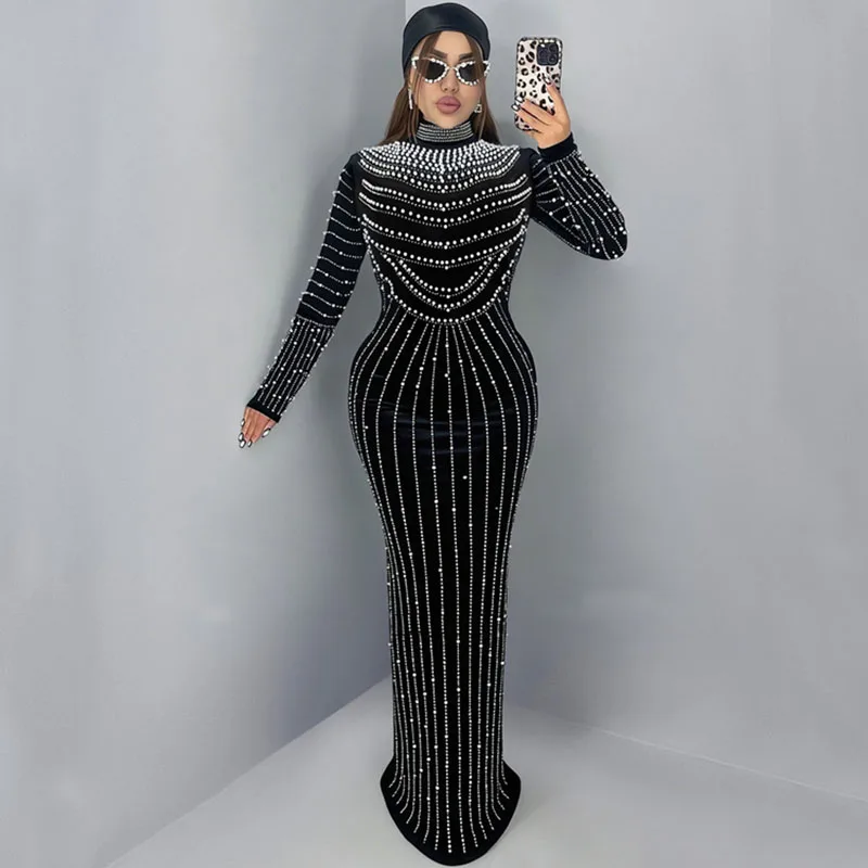 Doyerl Sparkly Pearls Rhinestone Evening Dresses Women Luxury Celebrity Diamonds Velvet Elegant Night Club Party Prom Dress Robe