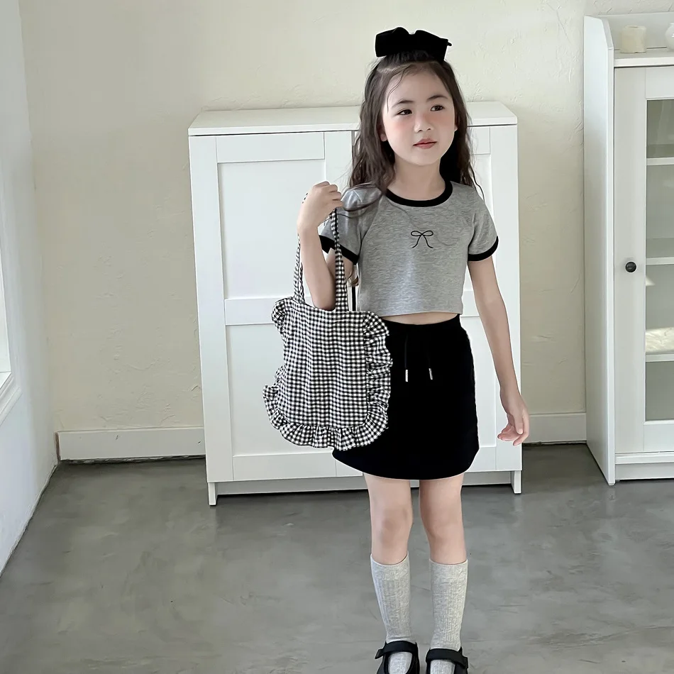 Girls T-shirt 2024 Summer Sweet Bow Knot Printing Short Baby American Tight Fitting Casual Simple Fashion Korean Active Cool