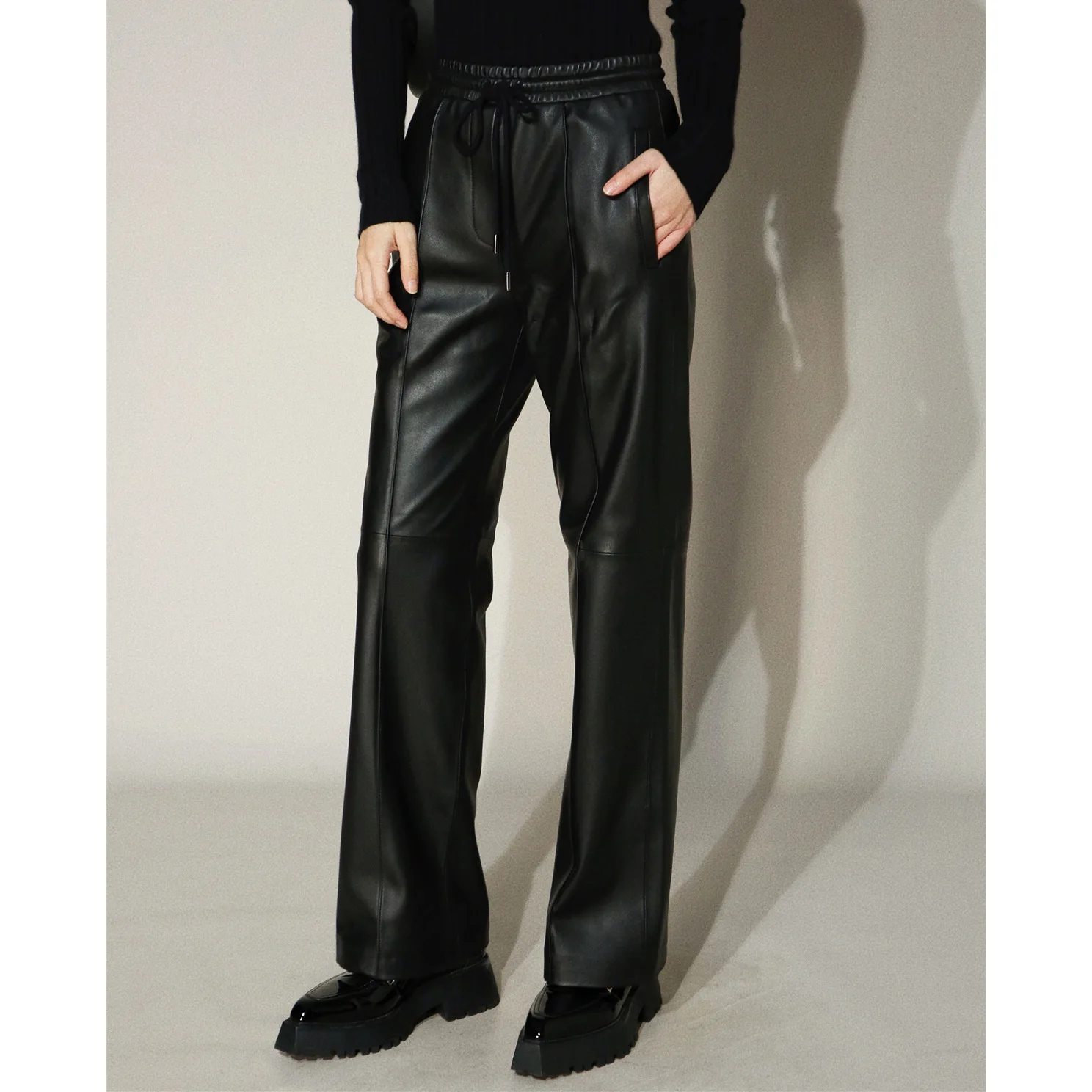 2024 New Style  Autumn And Winter  Women  Elastic Waist  Drawstring Design  Long Genuine Sheepskin Leather Pants